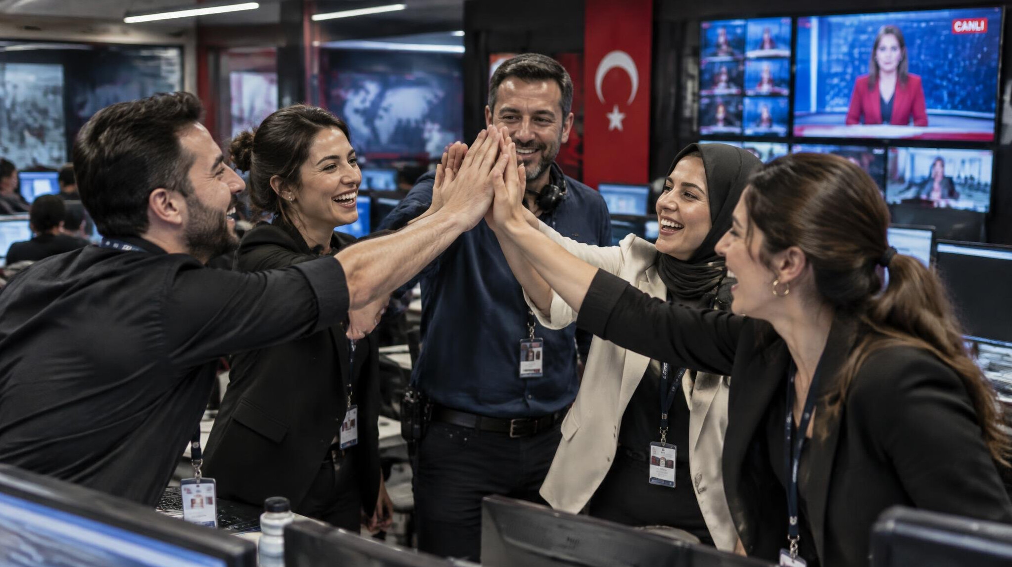 Team of Turkish media professionals celebrating a successful crisis resolution in a newsroom