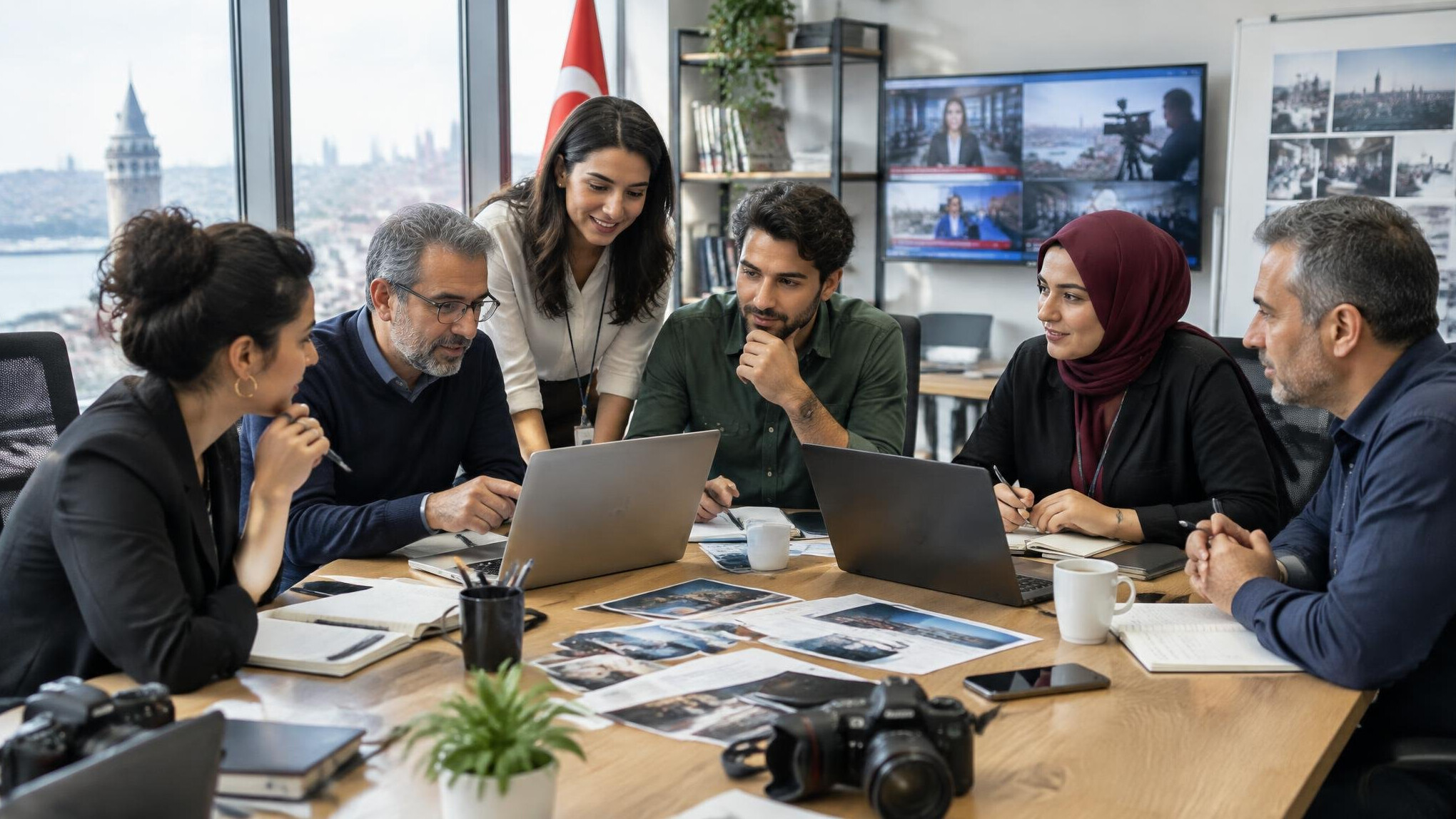 Diverse team of Turkish media professionals collaborating around a table with laptops