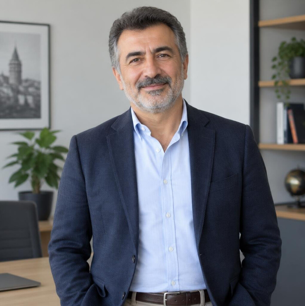 Turkish man in his fifties, founder and director, in business casual attire with a confident expression