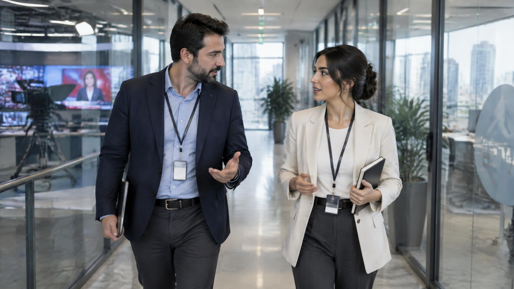 Two Turkish media professionals talking while walking through a television company hallway