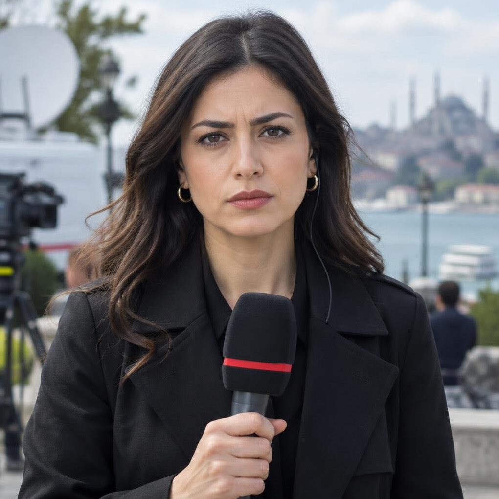 Turkish female field reporter holding a microphone with a serious expression