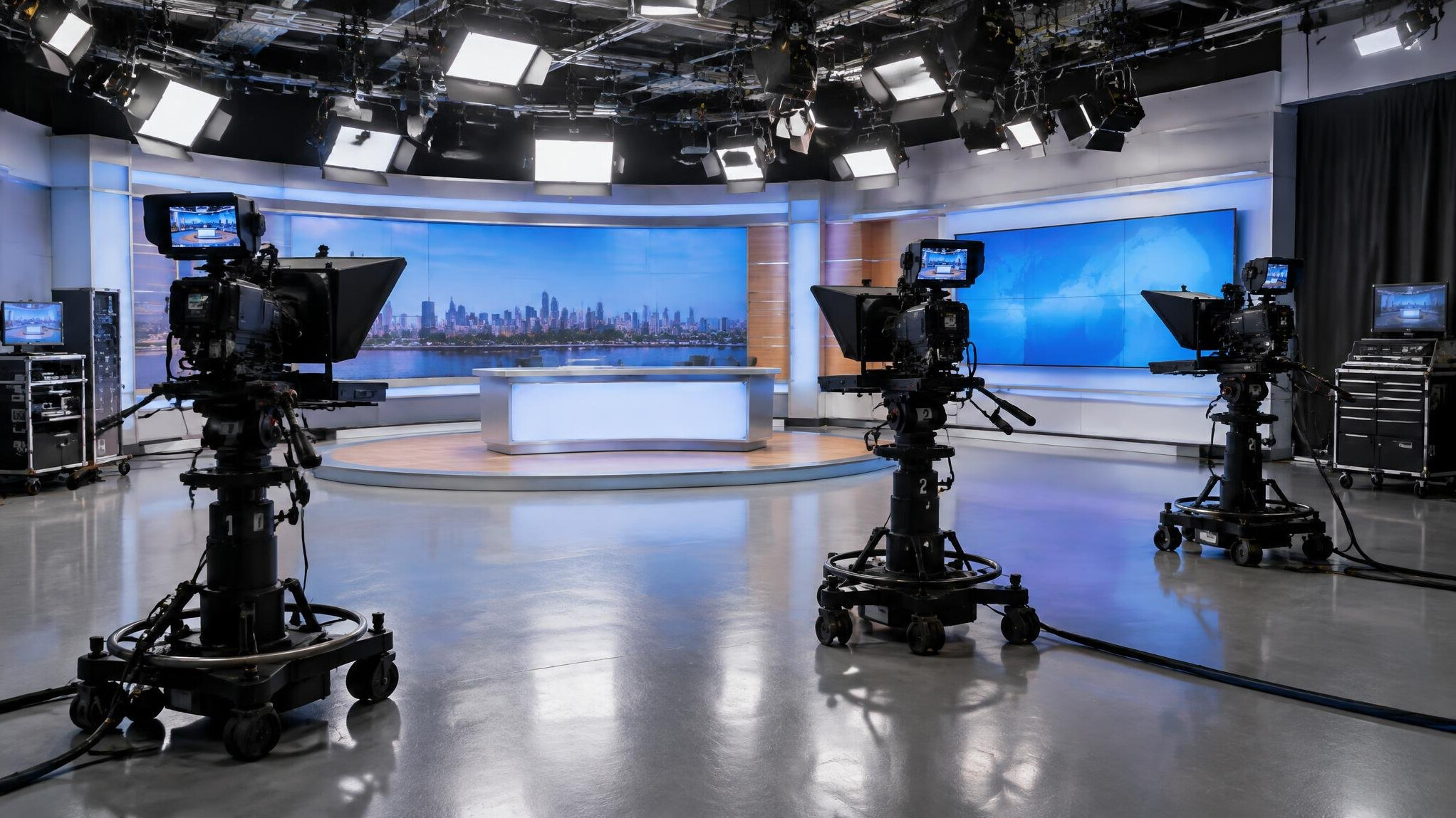 Empty professional TV studio with cameras and broadcasting equipment set up