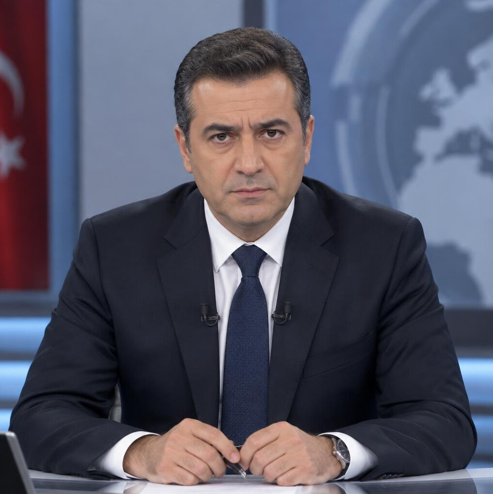 Turkish male news anchor in a suit with a tense expression at the news desk