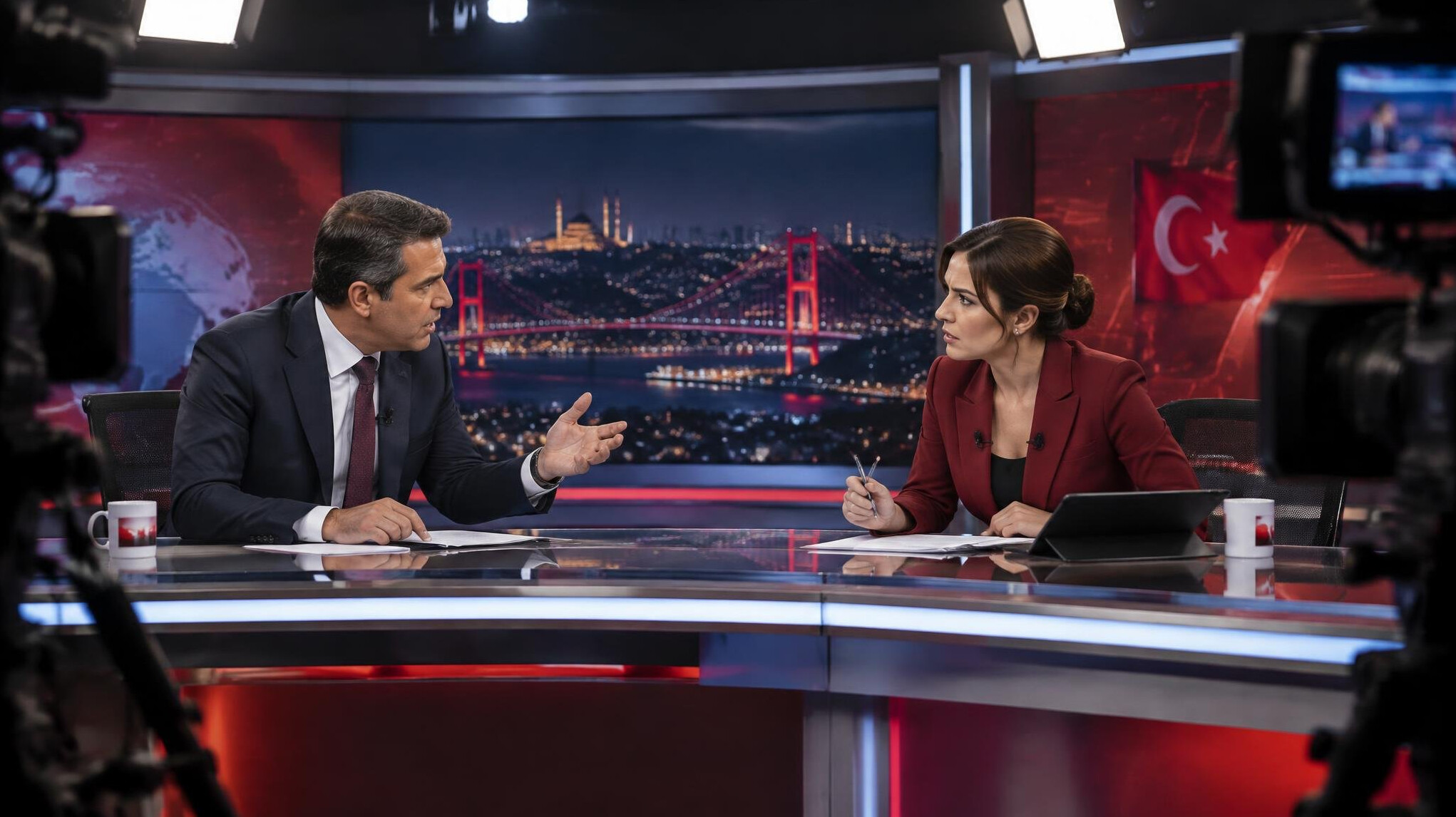 Two news anchors having a tense exchange at a broadcast news desk