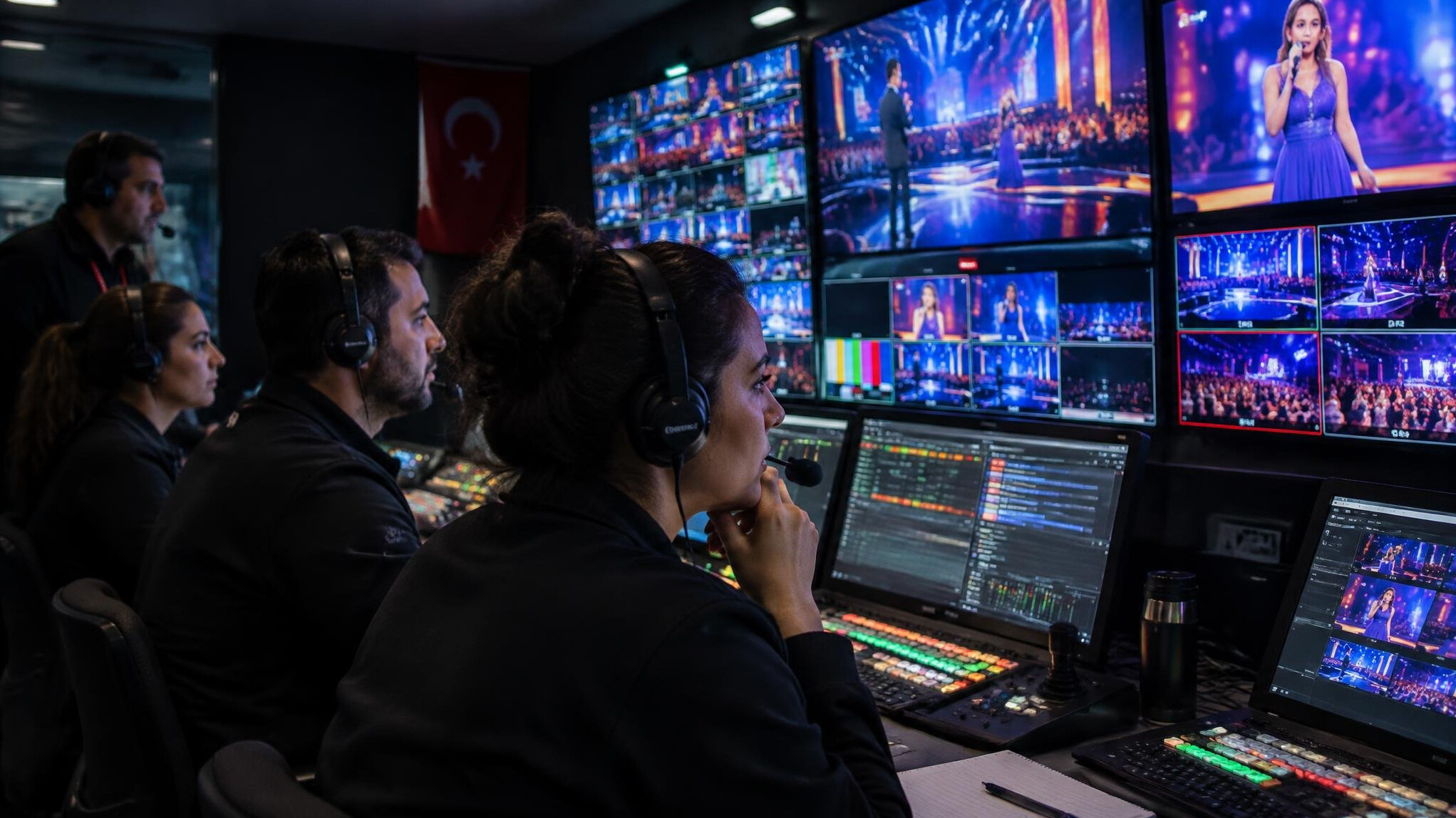 Broadcast technicians monitoring multiple screens in a control booth during a live show