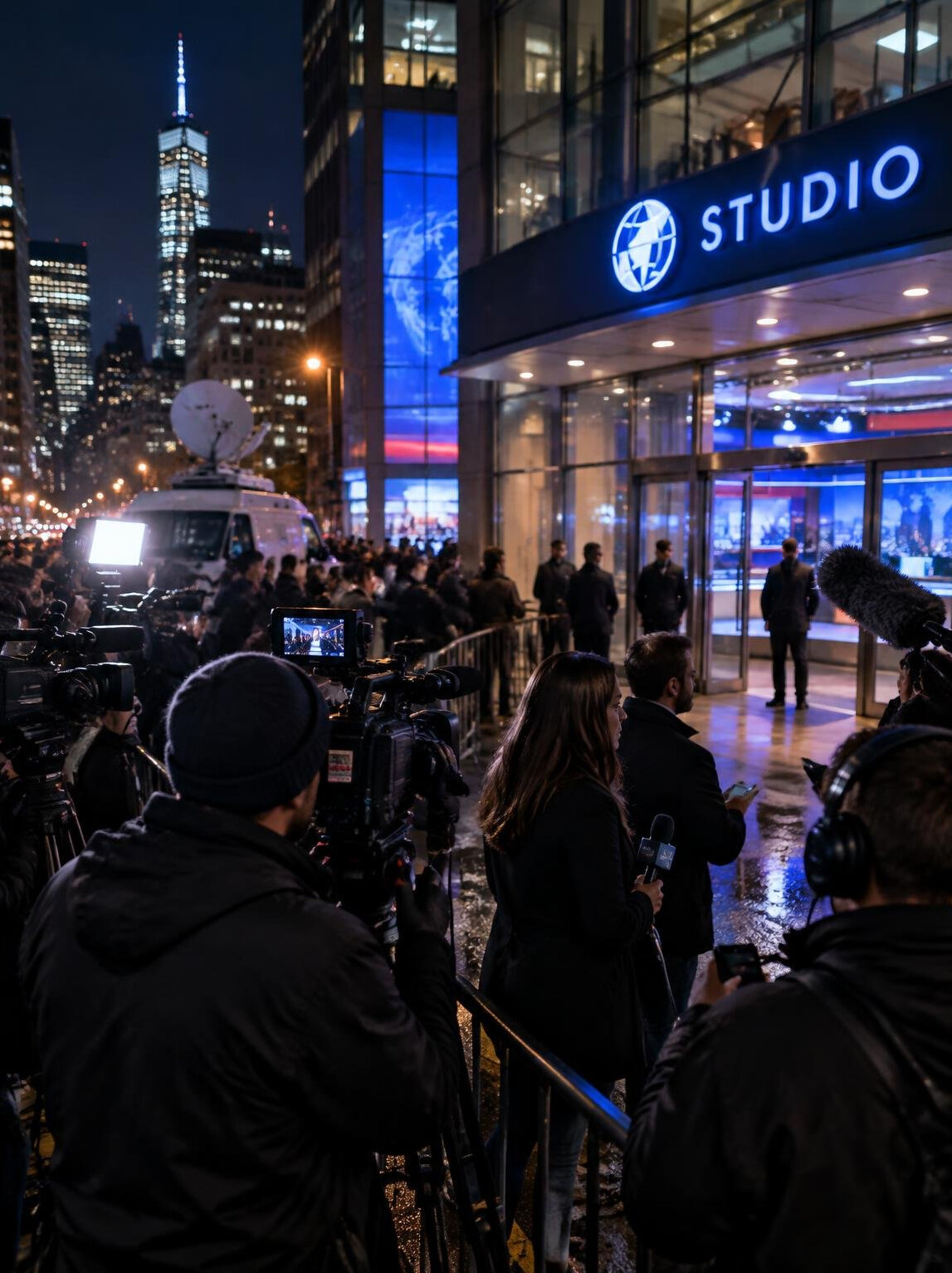 Press and camera crews gathered outside a television studio building at night