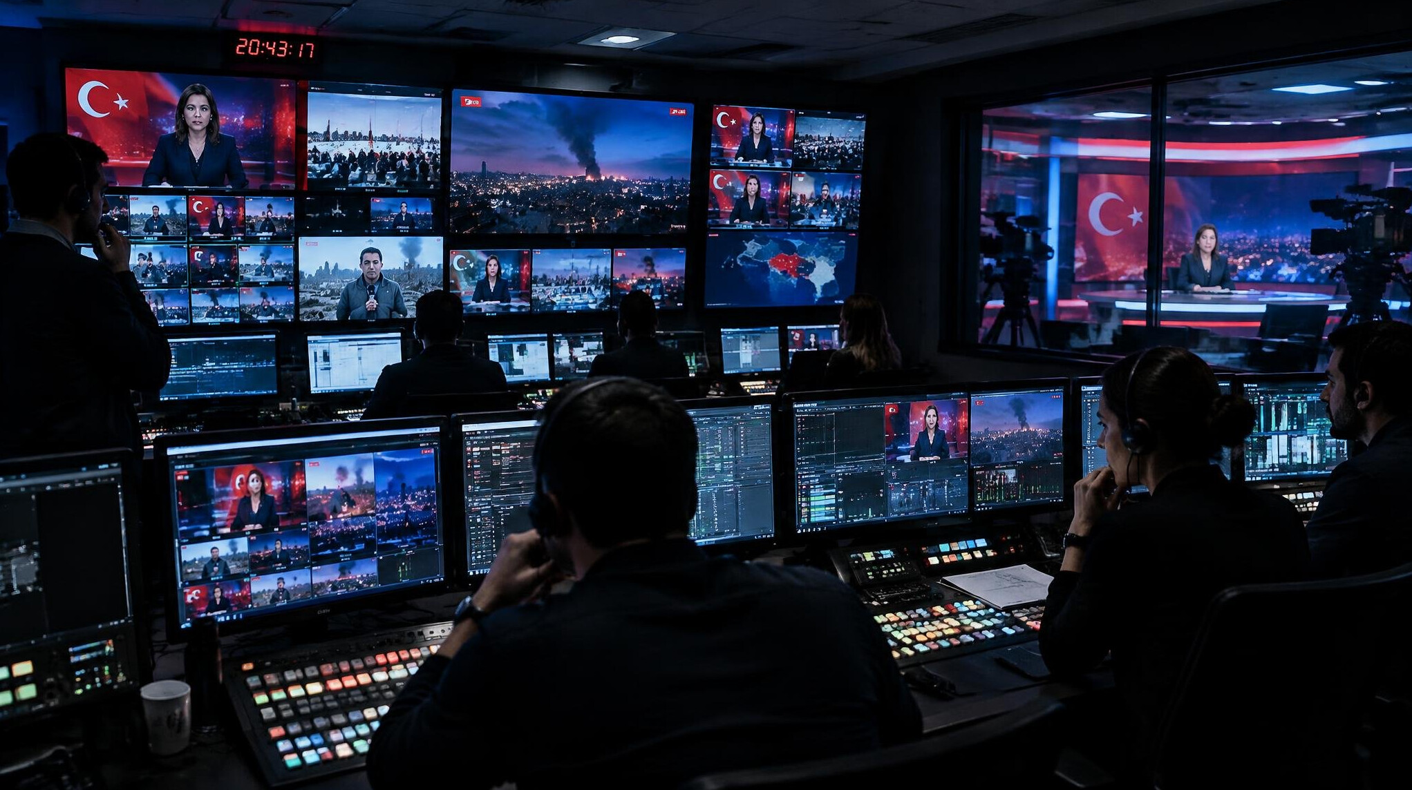 TV control room during a tense live broadcast with monitors showing news footage
