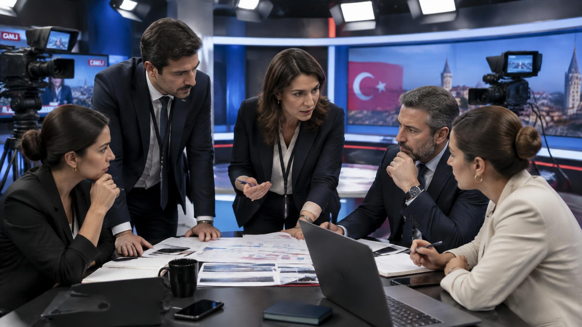 Team of media crisis consultants meeting inside a TV studio to discuss a broadcast protocol